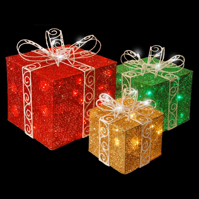 National Tree Co. 3 Piece PreLit Sisal Gift Box Lighted Display